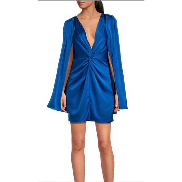 Badgley Mischka Nora Satin V-Neck Long Bell Sleeve Twist Front Mini Dress size 2 - Picture 1 of 14